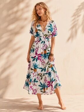 Blue Island Beach Smocked Tiered Maxi Dress Floral Flowy Skirt Sz XS